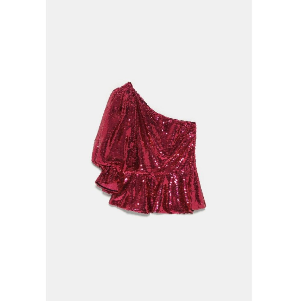 Zara Sequined Asymmetric Peplum Top Puff Sleeve Pink Size XS NEW - Picture 2 of 8
